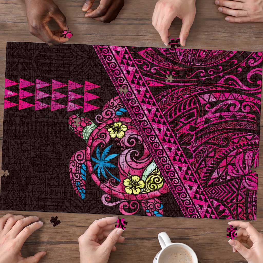 Hawaiian Abstract Sea Turtle Puzzle Polynesian Tapa Art and Kakau Tattoo Pink WaterColor LT03 - Polynesian Pride
