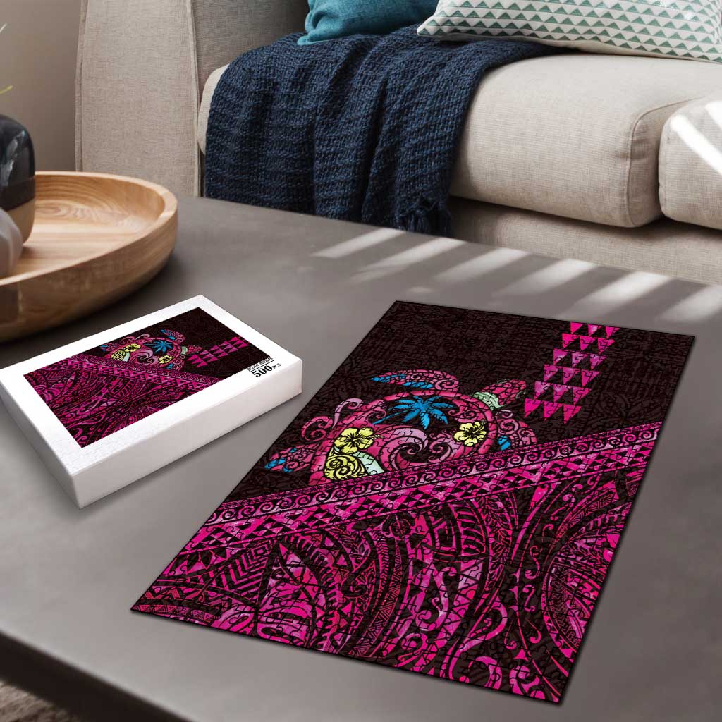 Hawaiian Abstract Sea Turtle Puzzle Polynesian Tapa Art and Kakau Tattoo Pink WaterColor LT03 - Polynesian Pride