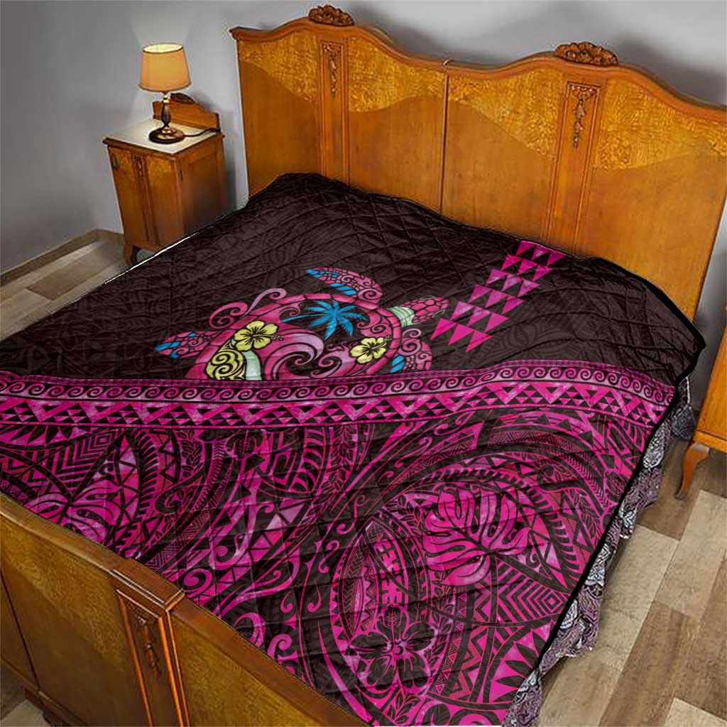 Hawaiian Abstract Sea Turtle Quilt Polynesian Tapa Art and Kakau Tattoo Pink WaterColor LT03 - Polynesian Pride
