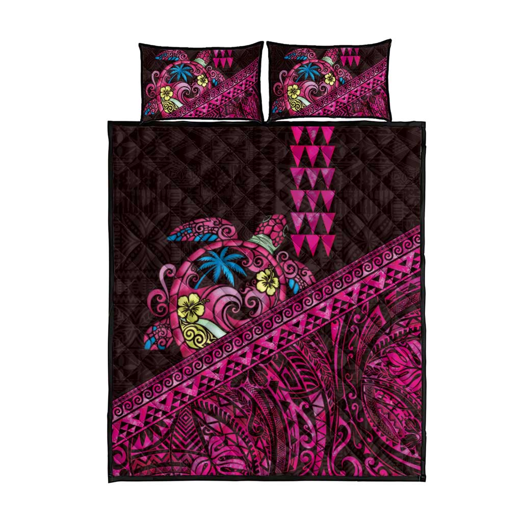 Hawaiian Abstract Sea Turtle Quilt Bed Set Polynesian Tapa Art and Kakau Tattoo Pink WaterColor LT03 - Polynesian Pride