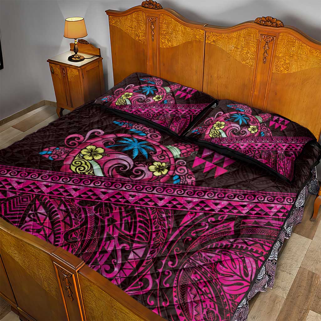 Hawaiian Abstract Sea Turtle Quilt Bed Set Polynesian Tapa Art and Kakau Tattoo Pink WaterColor LT03 - Polynesian Pride