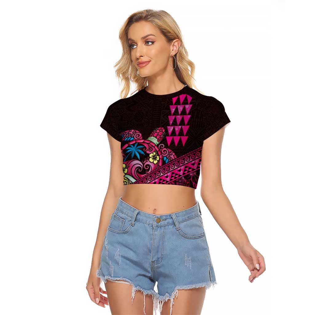 Hawaiian Abstract Sea Turtle Raglan Cropped T Shirt Polynesian Tapa Art and Kakau Tattoo Pink WaterColor LT03 Female Black - Polynesian Pride