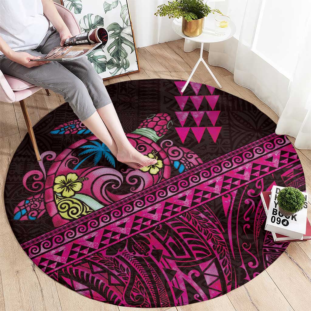 Hawaiian Abstract Sea Turtle Round Carpet Polynesian Tapa Art and Kakau Tattoo Pink WaterColor LT03 - Polynesian Pride