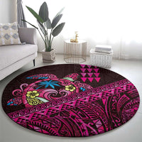 Hawaiian Abstract Sea Turtle Round Carpet Polynesian Tapa Art and Kakau Tattoo Pink WaterColor LT03 - Polynesian Pride
