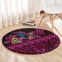 Hawaiian Abstract Sea Turtle Round Carpet Polynesian Tapa Art and Kakau Tattoo Pink WaterColor LT03 - Polynesian Pride