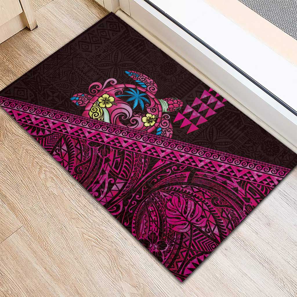 Hawaiian Abstract Sea Turtle Rubber Doormat Polynesian Tapa Art and Kakau Tattoo Pink WaterColor LT03 - Polynesian Pride