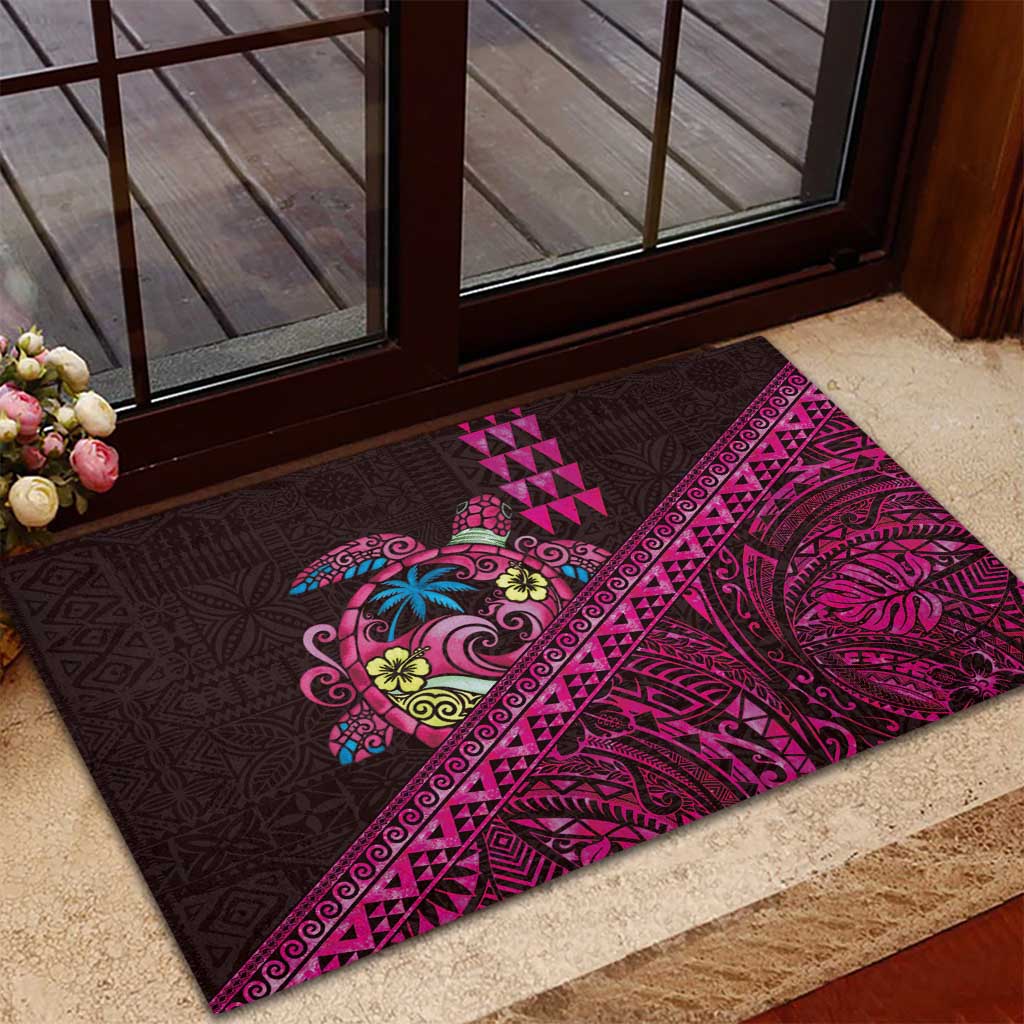 Hawaiian Abstract Sea Turtle Rubber Doormat Polynesian Tapa Art and Kakau Tattoo Pink WaterColor LT03 - Polynesian Pride