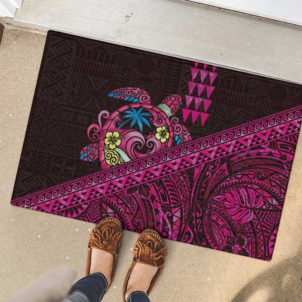 Hawaiian Abstract Sea Turtle Rubber Doormat Polynesian Tapa Art and Kakau Tattoo Pink WaterColor LT03 - Polynesian Pride