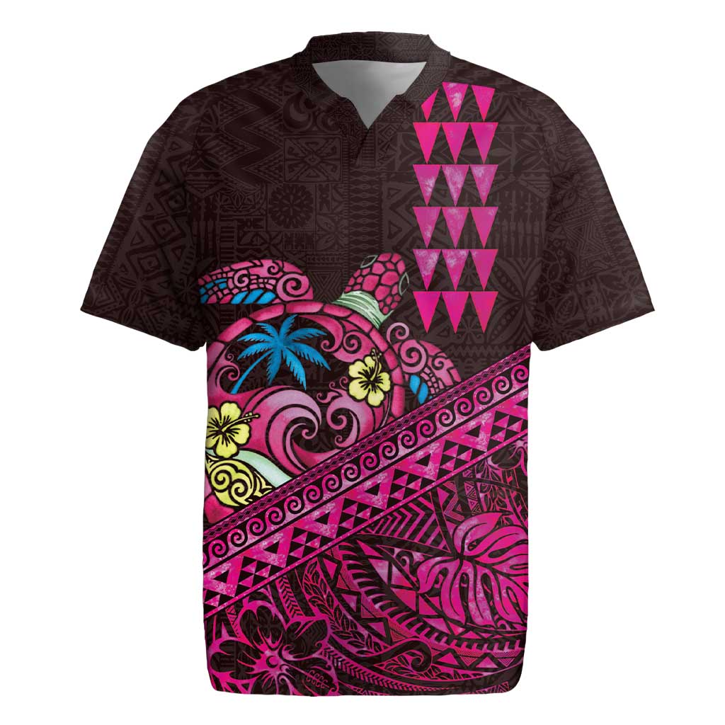 Hawaiian Abstract Sea Turtle Rugby Jersey Polynesian Tapa Art and Kakau Tattoo Pink WaterColor LT03 Black - Polynesian Pride