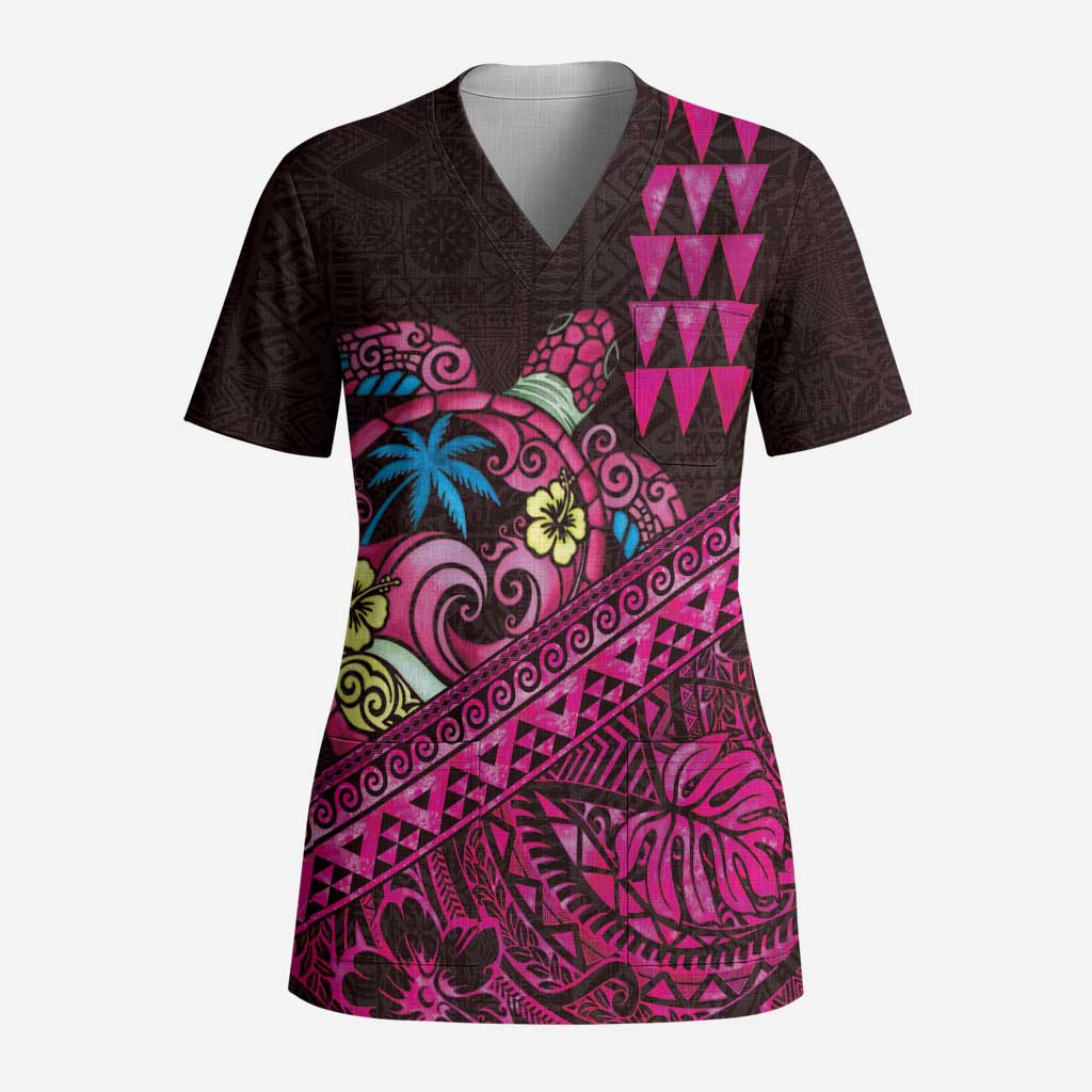 Hawaiian Abstract Sea Turtle Scrub Top Polynesian Tapa Art and Kakau Tattoo Pink WaterColor LT03 Adult Black - Polynesian Pride