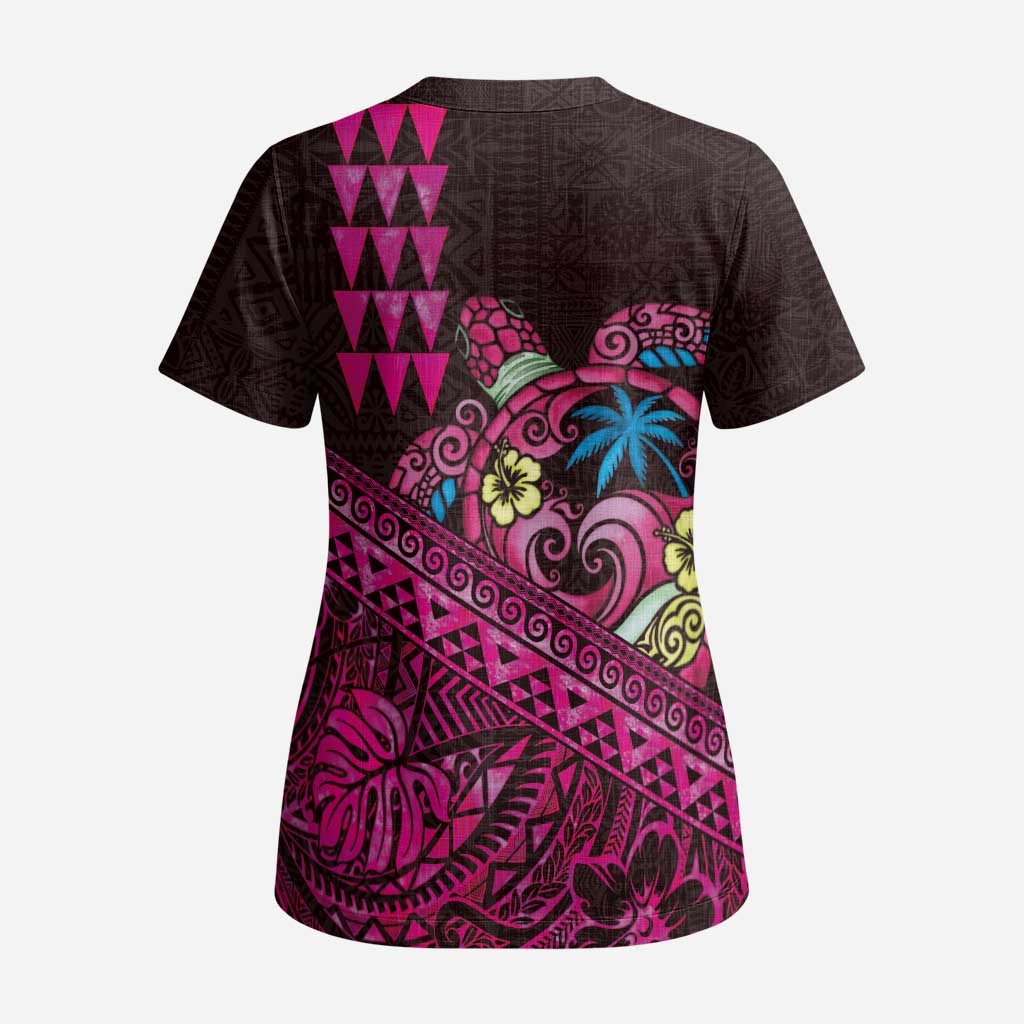 Hawaiian Abstract Sea Turtle Scrub Top Polynesian Tapa Art and Kakau Tattoo Pink WaterColor LT03 - Polynesian Pride