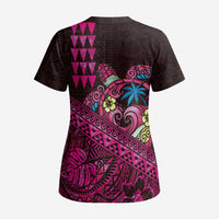 Hawaiian Abstract Sea Turtle Scrub Top Polynesian Tapa Art and Kakau Tattoo Pink WaterColor LT03 - Polynesian Pride