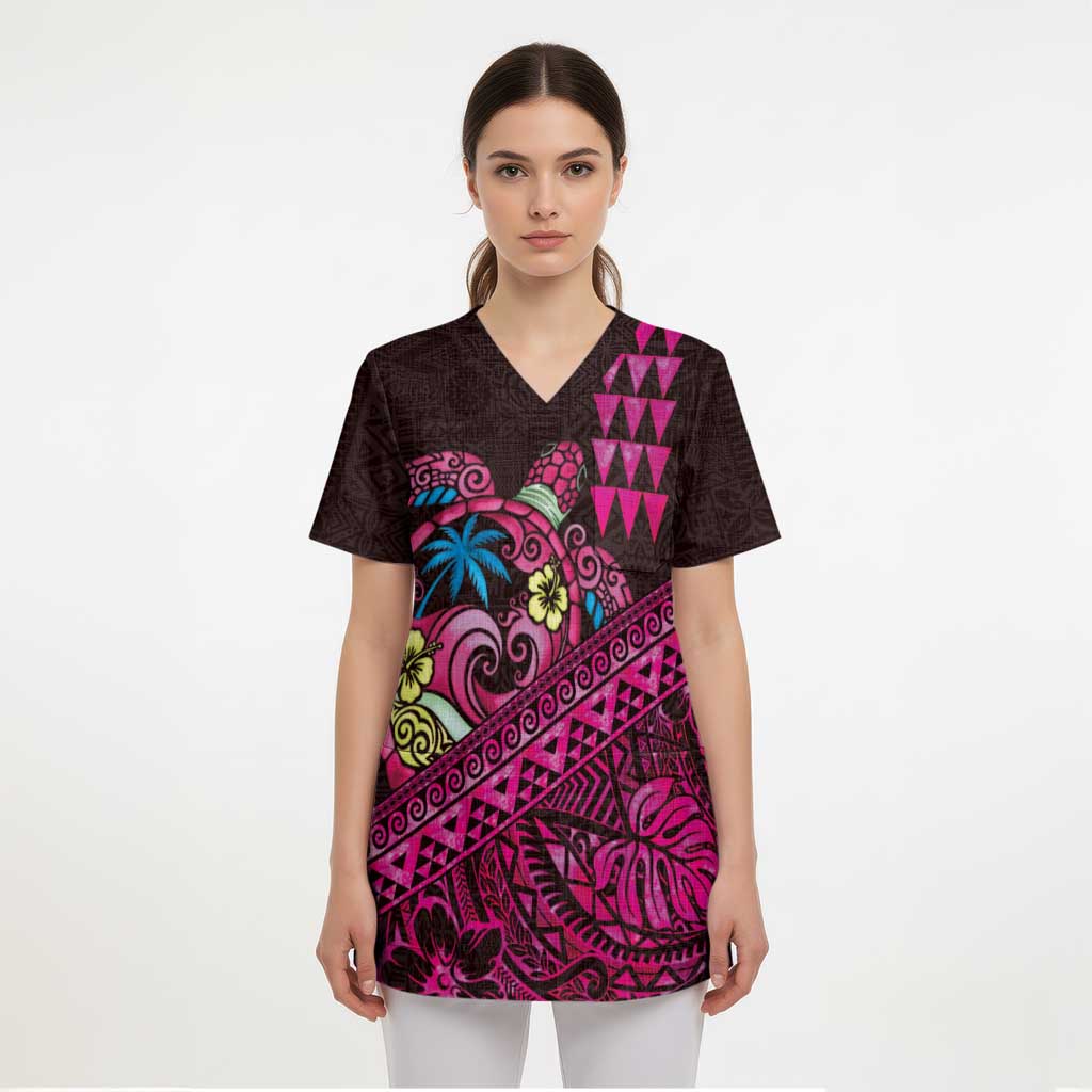 Hawaiian Abstract Sea Turtle Scrub Top Polynesian Tapa Art and Kakau Tattoo Pink WaterColor LT03 - Polynesian Pride