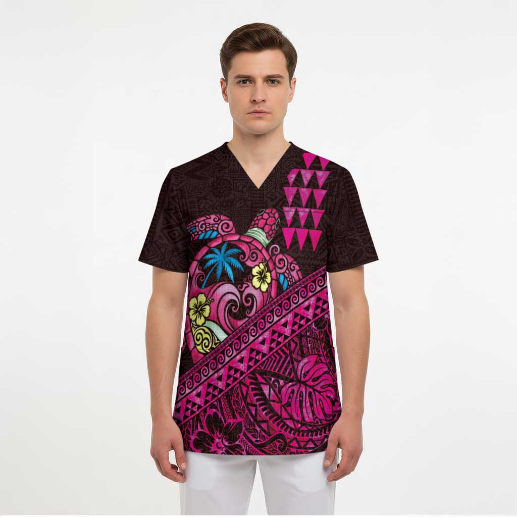 Hawaiian Abstract Sea Turtle Scrub Top Polynesian Tapa Art and Kakau Tattoo Pink WaterColor LT03 - Polynesian Pride