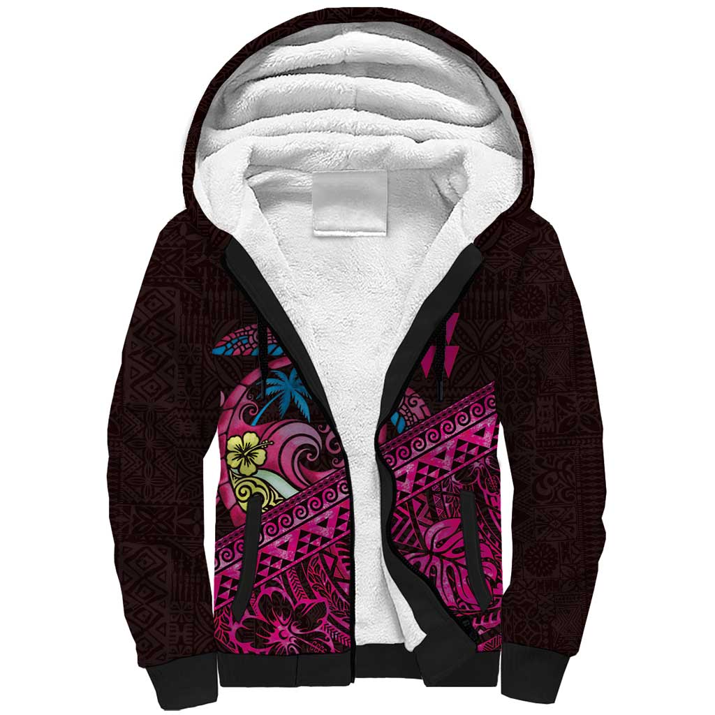 Hawaiian Abstract Sea Turtle Sherpa Hoodie Polynesian Tapa Art and Kakau Tattoo Pink WaterColor LT03 Unisex Black - Polynesian Pride