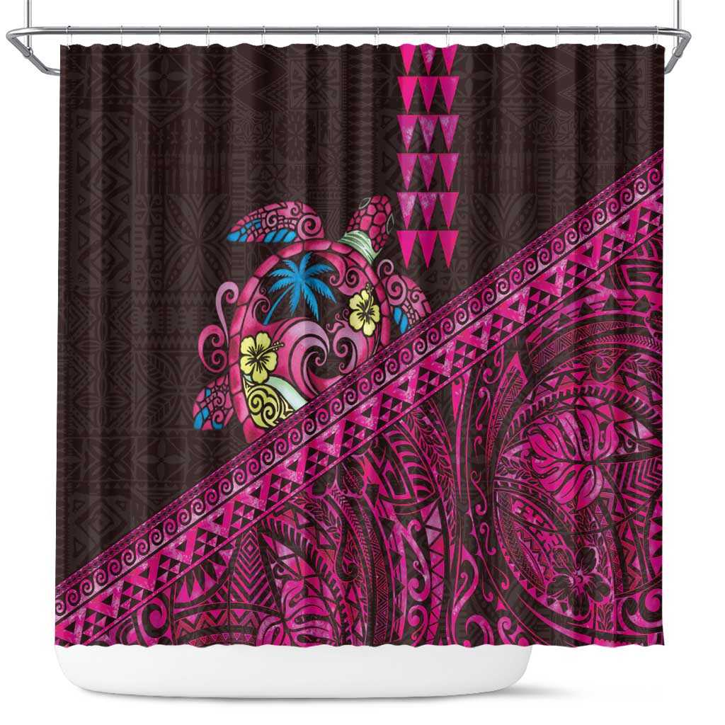 Hawaiian Abstract Sea Turtle Shower Curtain Polynesian Tapa Art and Kakau Tattoo Pink WaterColor LT03 Black - Polynesian Pride