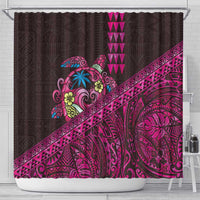 Hawaiian Abstract Sea Turtle Shower Curtain Polynesian Tapa Art and Kakau Tattoo Pink WaterColor LT03 - Polynesian Pride