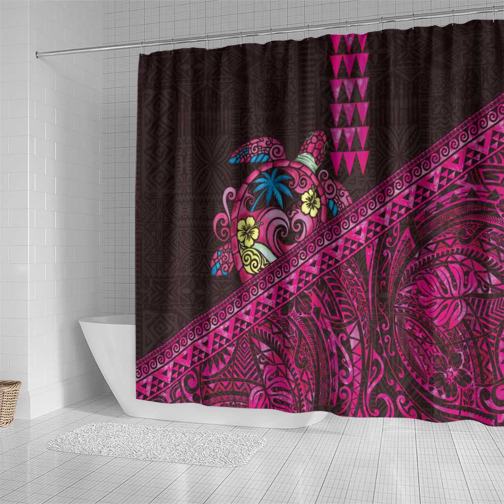 Hawaiian Abstract Sea Turtle Shower Curtain Polynesian Tapa Art and Kakau Tattoo Pink WaterColor LT03 - Polynesian Pride