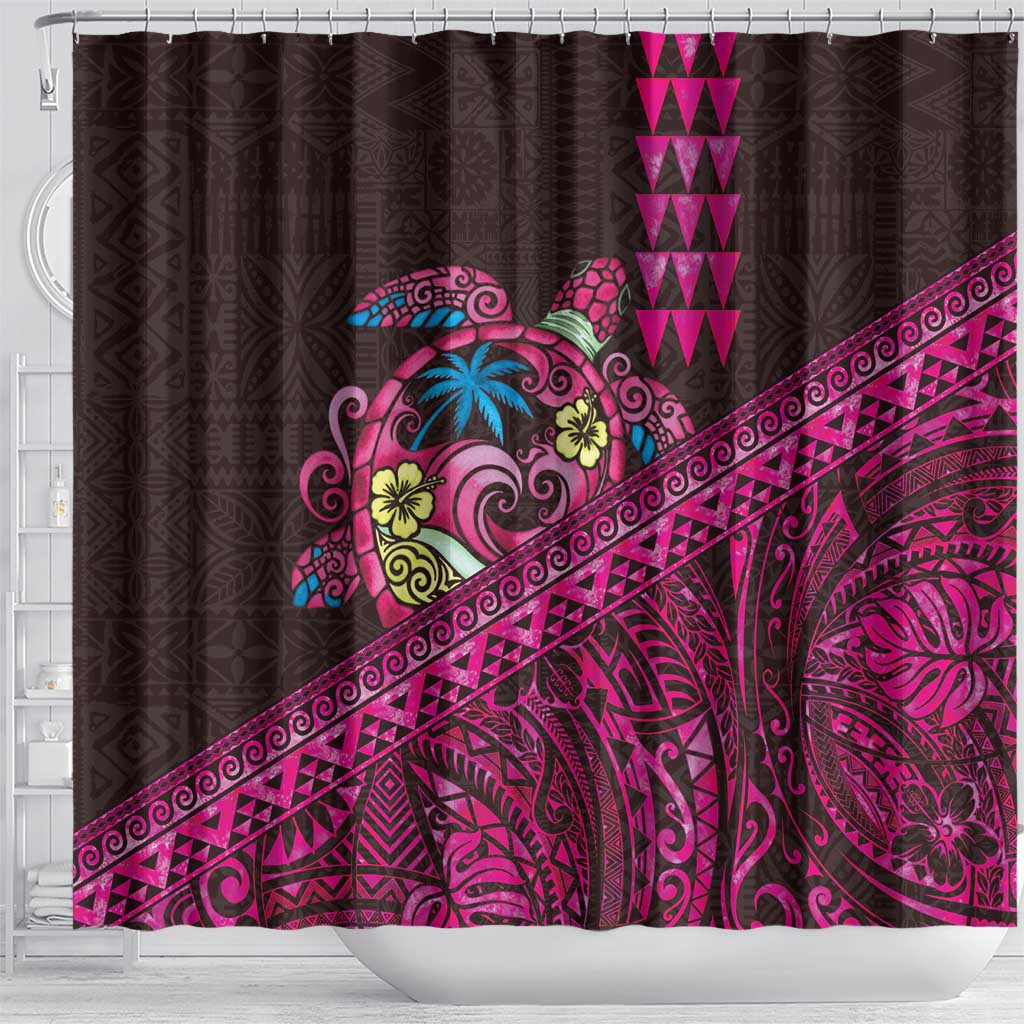 Hawaiian Abstract Sea Turtle Shower Curtain Polynesian Tapa Art and Kakau Tattoo Pink WaterColor LT03 - Polynesian Pride
