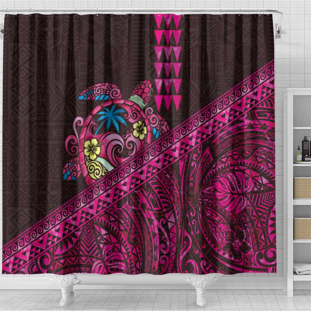 Hawaiian Abstract Sea Turtle Shower Curtain Polynesian Tapa Art and Kakau Tattoo Pink WaterColor LT03 - Polynesian Pride