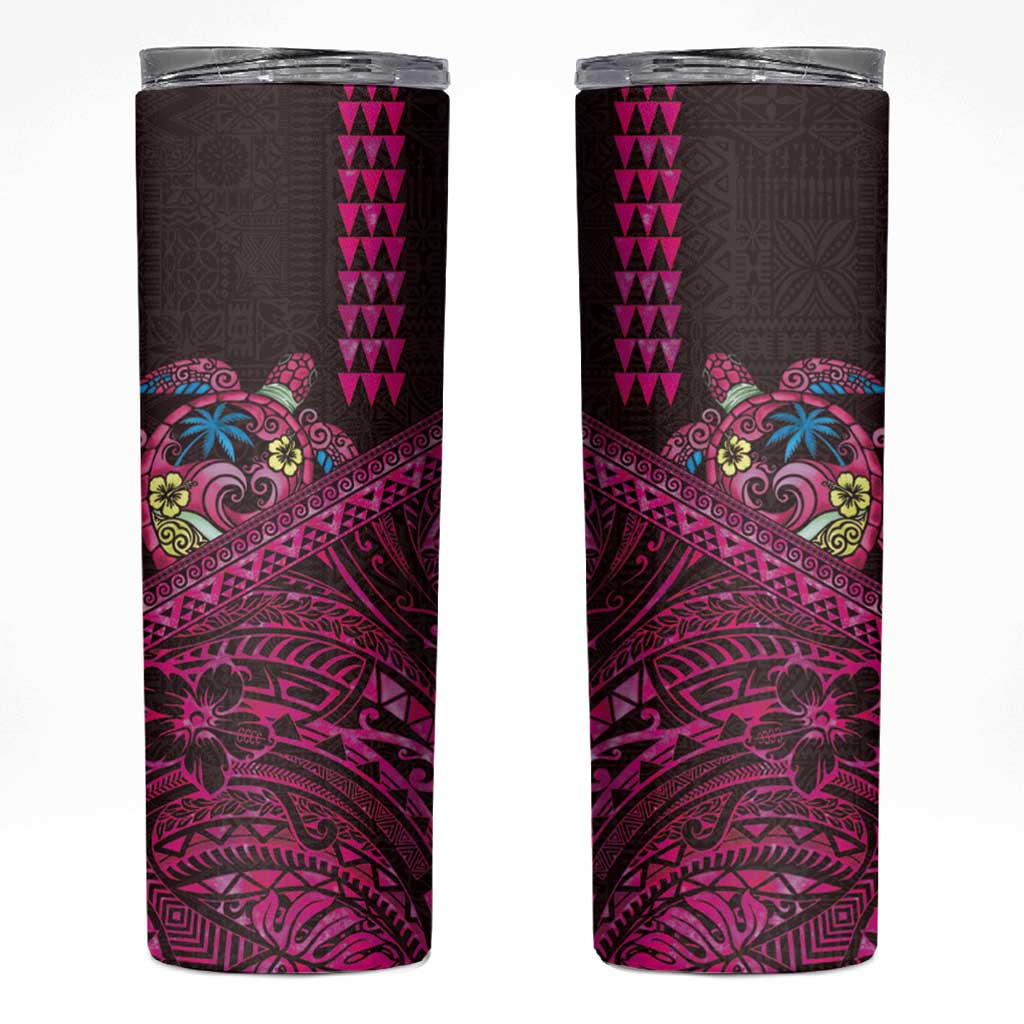 Hawaiian Abstract Sea Turtle Skinny Tumbler Polynesian Tapa Art and Kakau Tattoo Pink WaterColor LT03 Black - Polynesian Pride