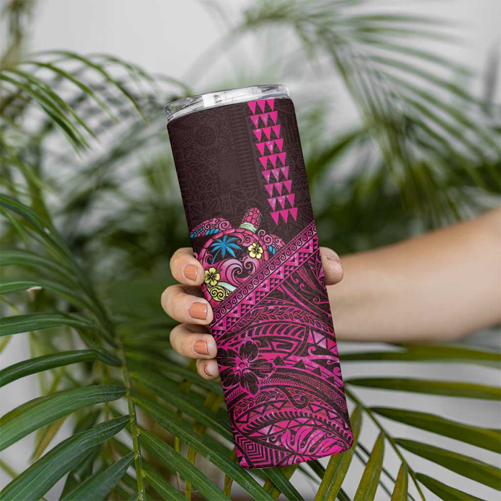 Hawaiian Abstract Sea Turtle Skinny Tumbler Polynesian Tapa Art and Kakau Tattoo Pink WaterColor LT03 - Polynesian Pride