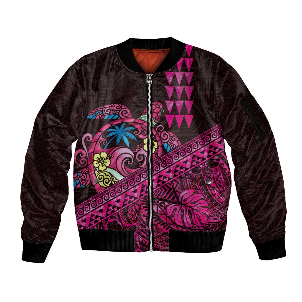 Hawaiian Abstract Sea Turtle Sleeve Zip Bomber Jacket Polynesian Tapa Art and Kakau Tattoo Pink WaterColor LT03 Unisex Black - Polynesian Pride