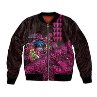 Hawaiian Abstract Sea Turtle Sleeve Zip Bomber Jacket Polynesian Tapa Art and Kakau Tattoo Pink WaterColor LT03 Unisex Black - Polynesian Pride