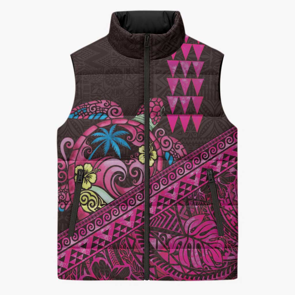 Hawaiian Abstract Sea Turtle Sleeveless Puffer Jacket Polynesian Tapa Art and Kakau Tattoo Pink WaterColor LT03 Unisex Black - Polynesian Pride