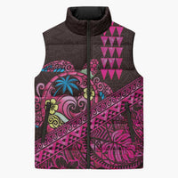 Hawaiian Abstract Sea Turtle Sleeveless Puffer Jacket Polynesian Tapa Art and Kakau Tattoo Pink WaterColor LT03 Unisex Black - Polynesian Pride