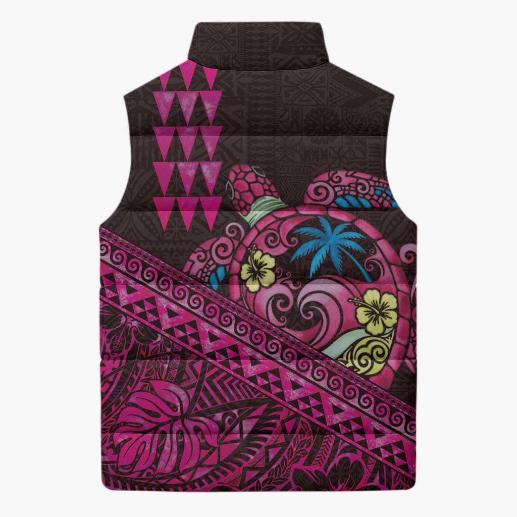 Hawaiian Abstract Sea Turtle Sleeveless Puffer Jacket Polynesian Tapa Art and Kakau Tattoo Pink WaterColor LT03 - Polynesian Pride