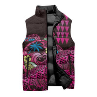 Hawaiian Abstract Sea Turtle Sleeveless Puffer Jacket Polynesian Tapa Art and Kakau Tattoo Pink WaterColor LT03 - Polynesian Pride
