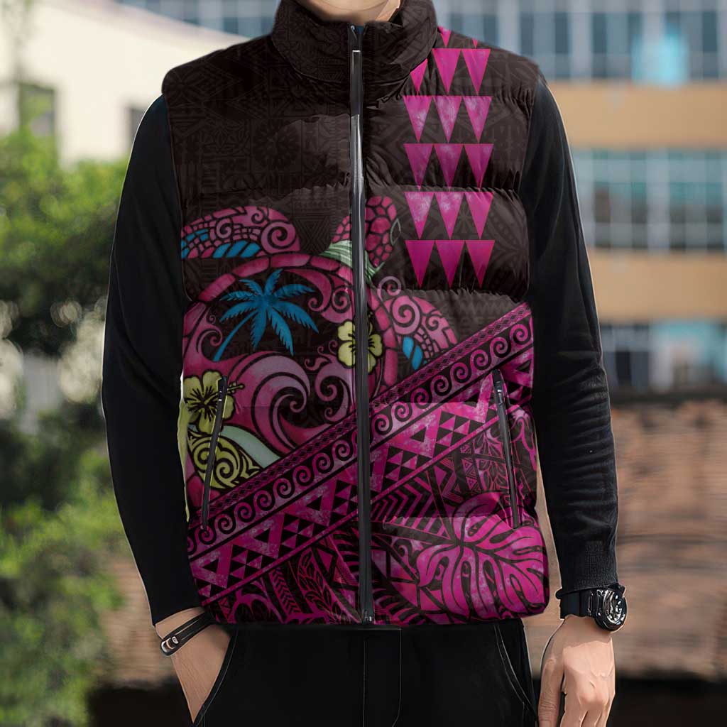 Hawaiian Abstract Sea Turtle Sleeveless Puffer Jacket Polynesian Tapa Art and Kakau Tattoo Pink WaterColor LT03 - Polynesian Pride