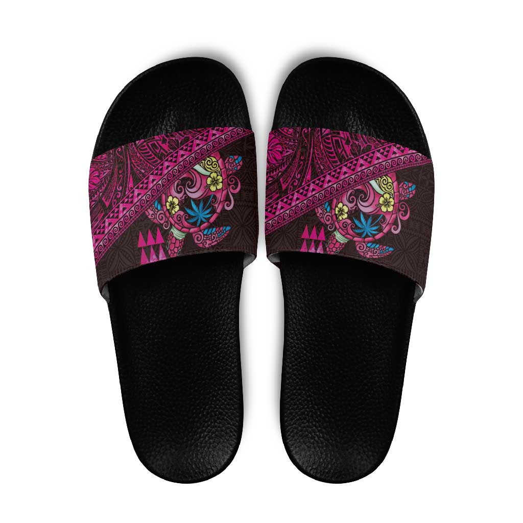 Hawaiian Abstract Sea Turtle Slide Sandals Polynesian Tapa Art and Kakau Tattoo Pink WaterColor LT03 Black - Polynesian Pride