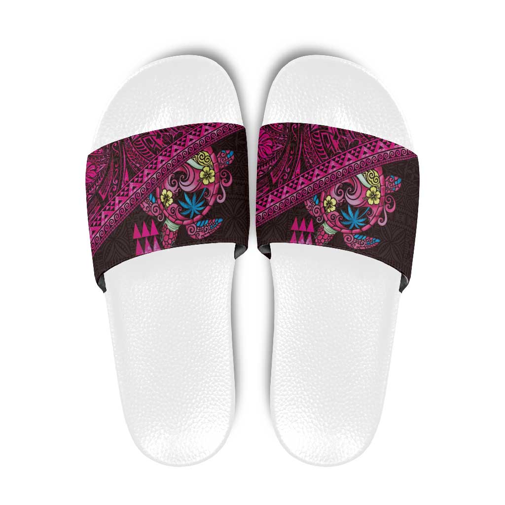 Hawaiian Abstract Sea Turtle Slide Sandals Polynesian Tapa Art and Kakau Tattoo Pink WaterColor LT03 Black - Polynesian Pride