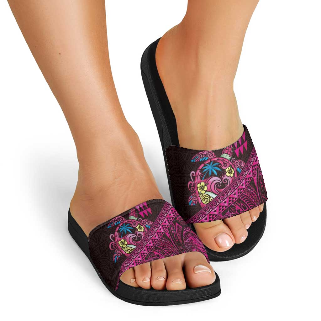 Hawaiian Abstract Sea Turtle Slide Sandals Polynesian Tapa Art and Kakau Tattoo Pink WaterColor LT03 - Polynesian Pride