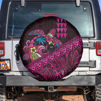 Hawaiian Abstract Sea Turtle Spare Tire Cover Polynesian Tapa Art and Kakau Tattoo Pink WaterColor LT03 Black - Polynesian Pride