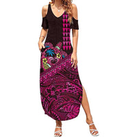 Hawaiian Abstract Sea Turtle Summer Maxi Dress Polynesian Tapa Art and Kakau Tattoo Pink WaterColor LT03 Women Black - Polynesian Pride