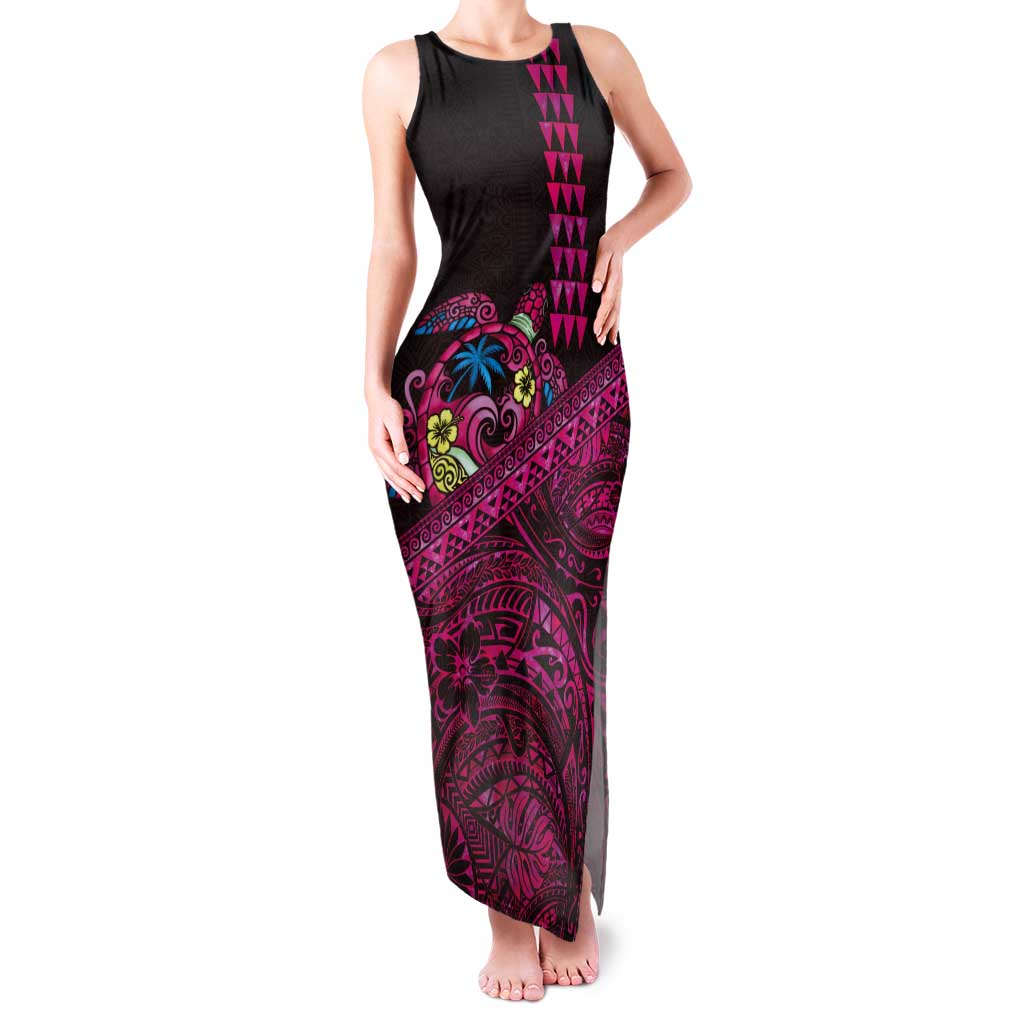 Hawaiian Abstract Sea Turtle Tank Maxi Dress Polynesian Tapa Art and Kakau Tattoo Pink WaterColor LT03 Women Black - Polynesian Pride