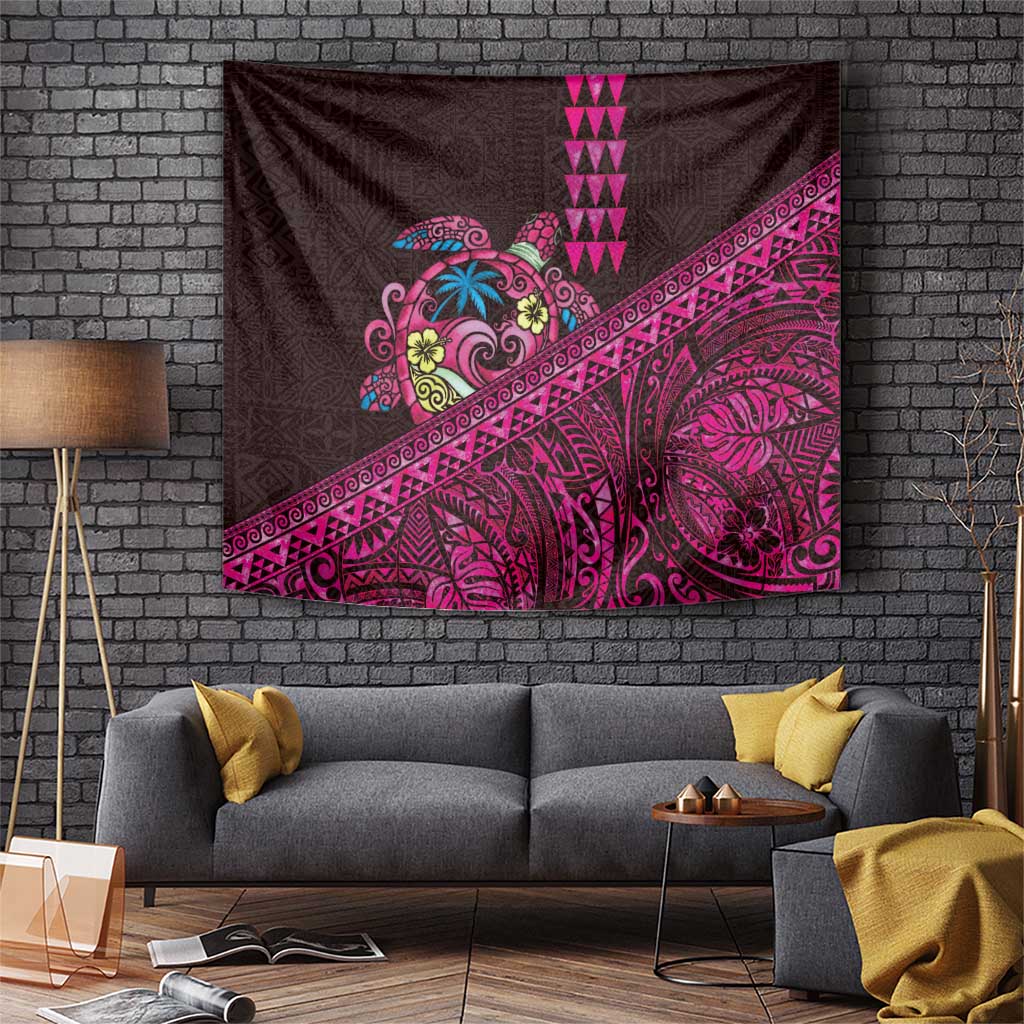 Hawaiian Abstract Sea Turtle Tapestry Polynesian Tapa Art and Kakau Tattoo Pink WaterColor LT03 Black - Polynesian Pride