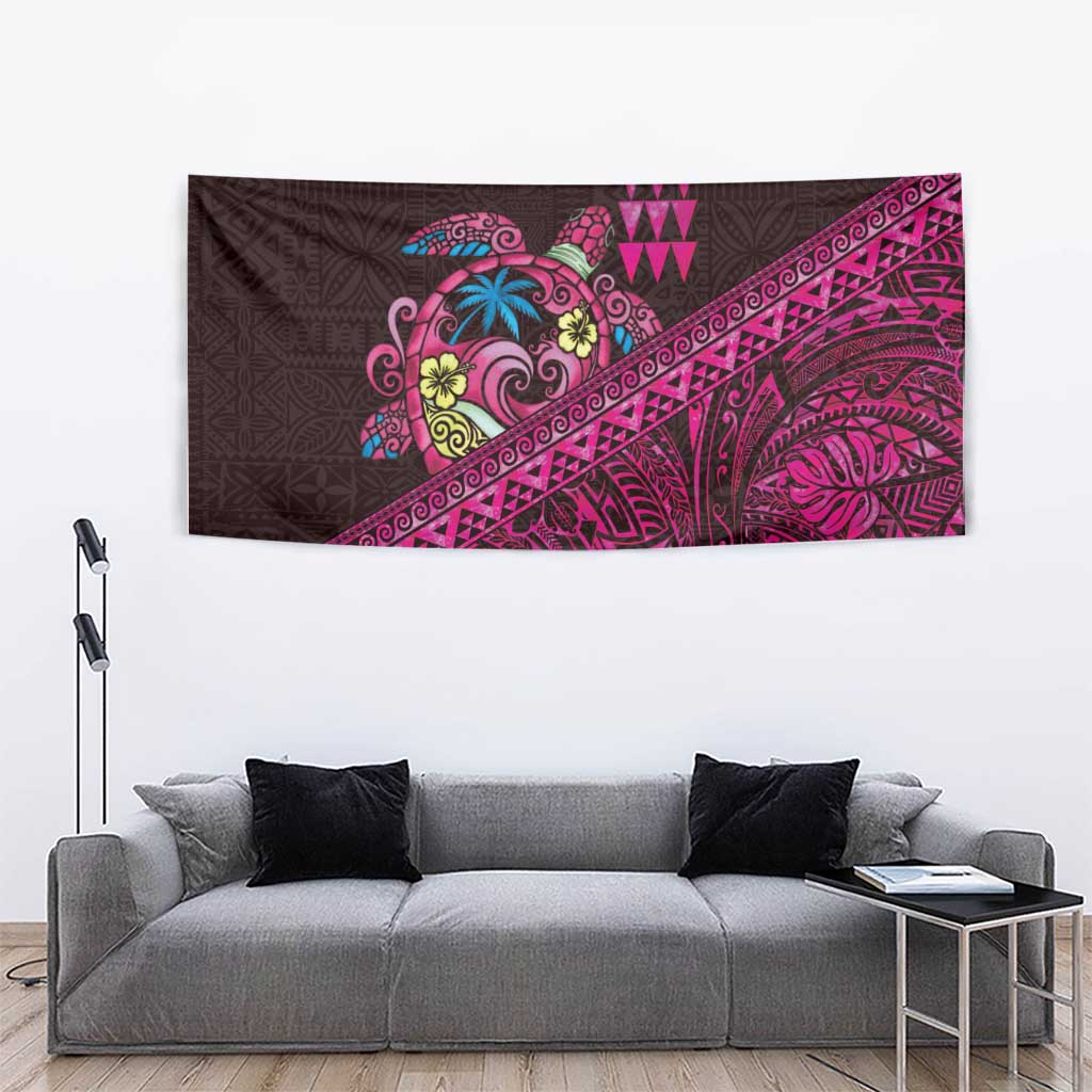 Hawaiian Abstract Sea Turtle Tapestry Polynesian Tapa Art and Kakau Tattoo Pink WaterColor LT03 - Polynesian Pride
