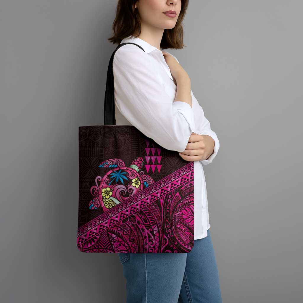 Hawaiian Abstract Sea Turtle Tote Bag Polynesian Tapa Art and Kakau Tattoo Pink WaterColor LT03 - Polynesian Pride