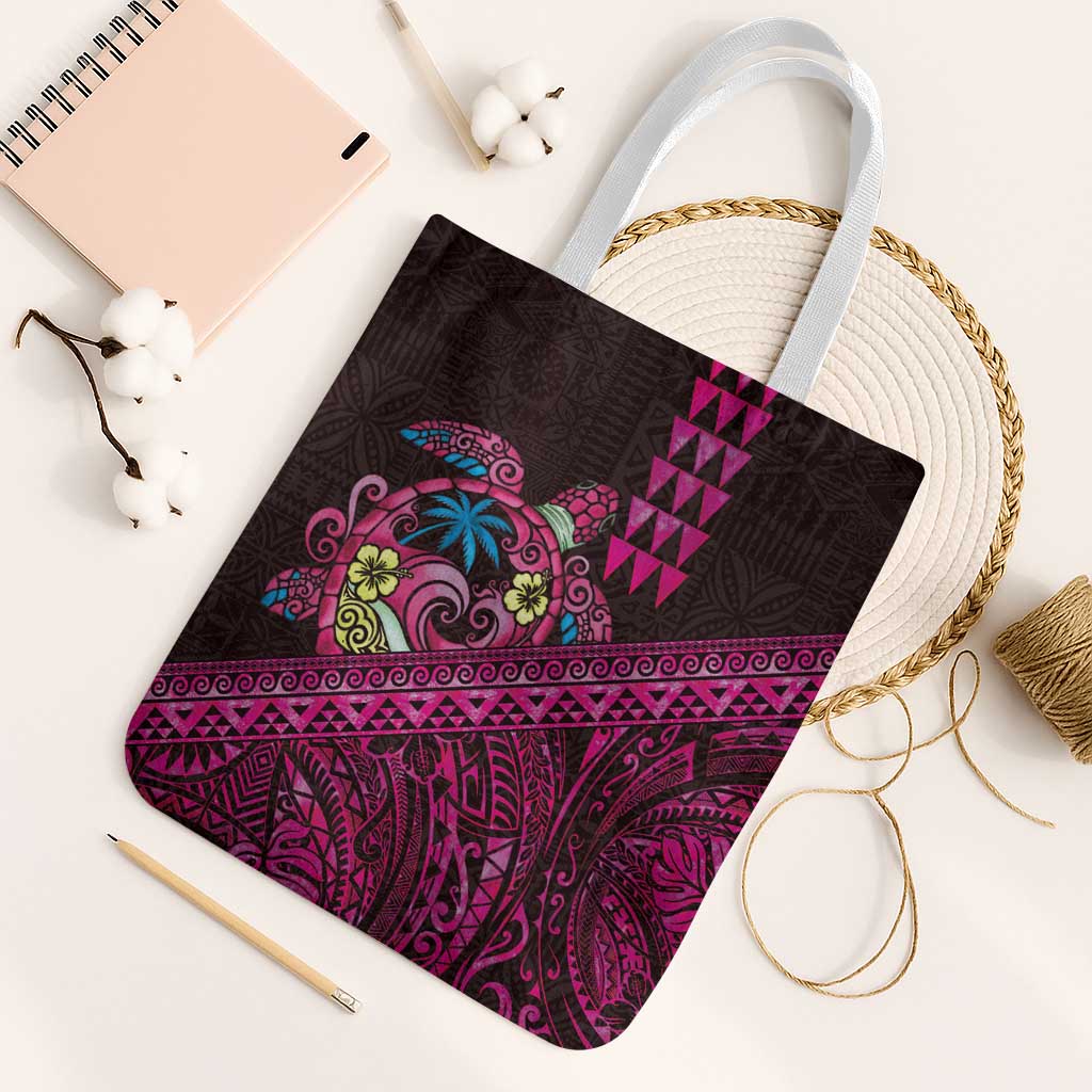 Hawaiian Abstract Sea Turtle Tote Bag Polynesian Tapa Art and Kakau Tattoo Pink WaterColor LT03 White Strap One Size Black - Polynesian Pride