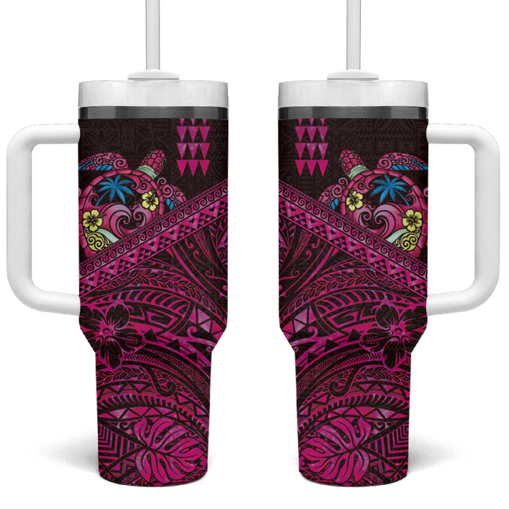 Hawaiian Abstract Sea Turtle Tumbler With Handle Polynesian Tapa Art and Kakau Tattoo Pink WaterColor LT03 One Size: 40 oz Black - Polynesian Pride