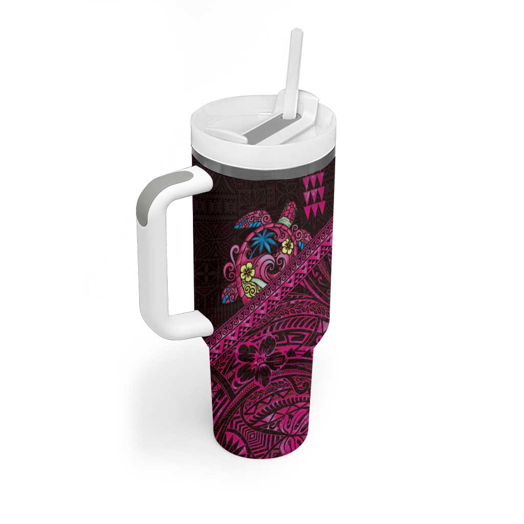 Hawaiian Abstract Sea Turtle Tumbler With Handle Polynesian Tapa Art and Kakau Tattoo Pink WaterColor LT03 - Polynesian Pride