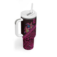 Hawaiian Abstract Sea Turtle Tumbler With Handle Polynesian Tapa Art and Kakau Tattoo Pink WaterColor LT03 - Polynesian Pride