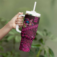 Hawaiian Abstract Sea Turtle Tumbler With Handle Polynesian Tapa Art and Kakau Tattoo Pink WaterColor LT03 - Polynesian Pride