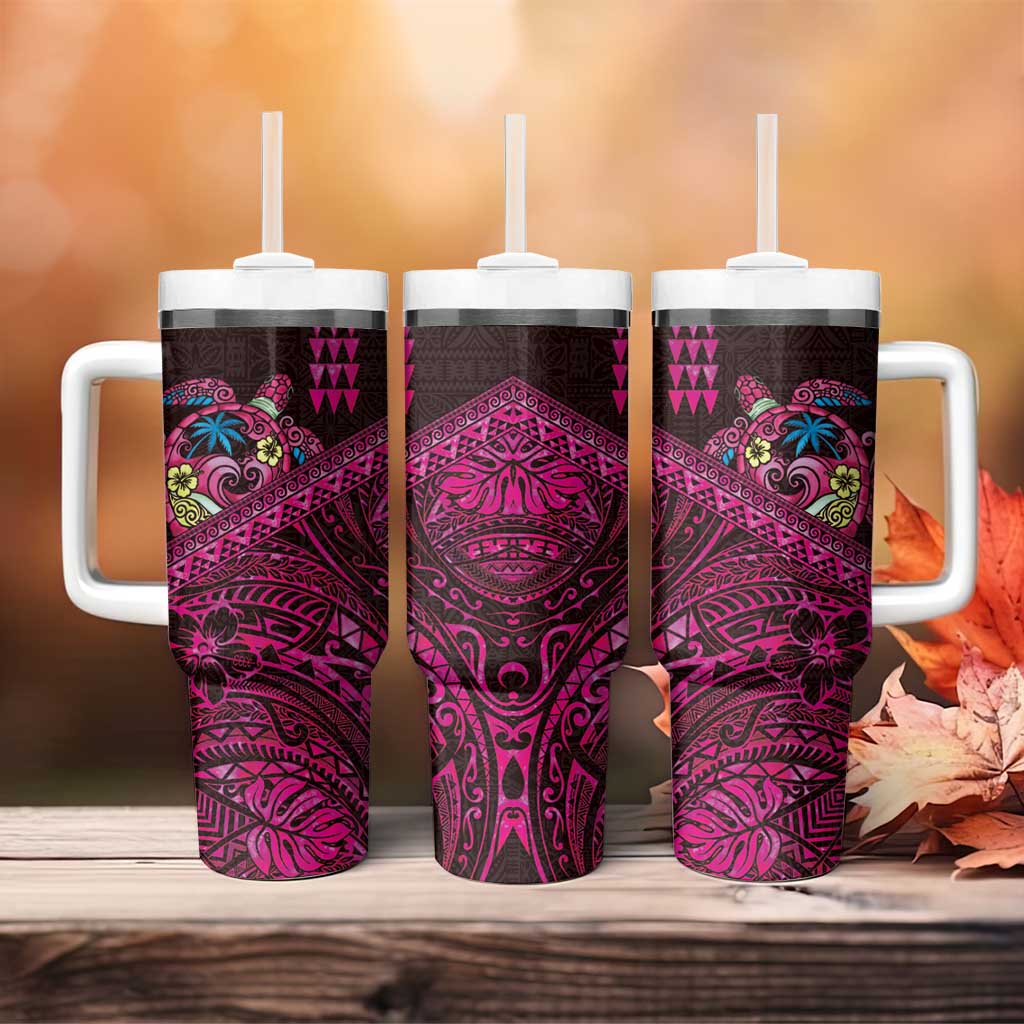 Hawaiian Abstract Sea Turtle Tumbler With Handle Polynesian Tapa Art and Kakau Tattoo Pink WaterColor LT03 - Polynesian Pride