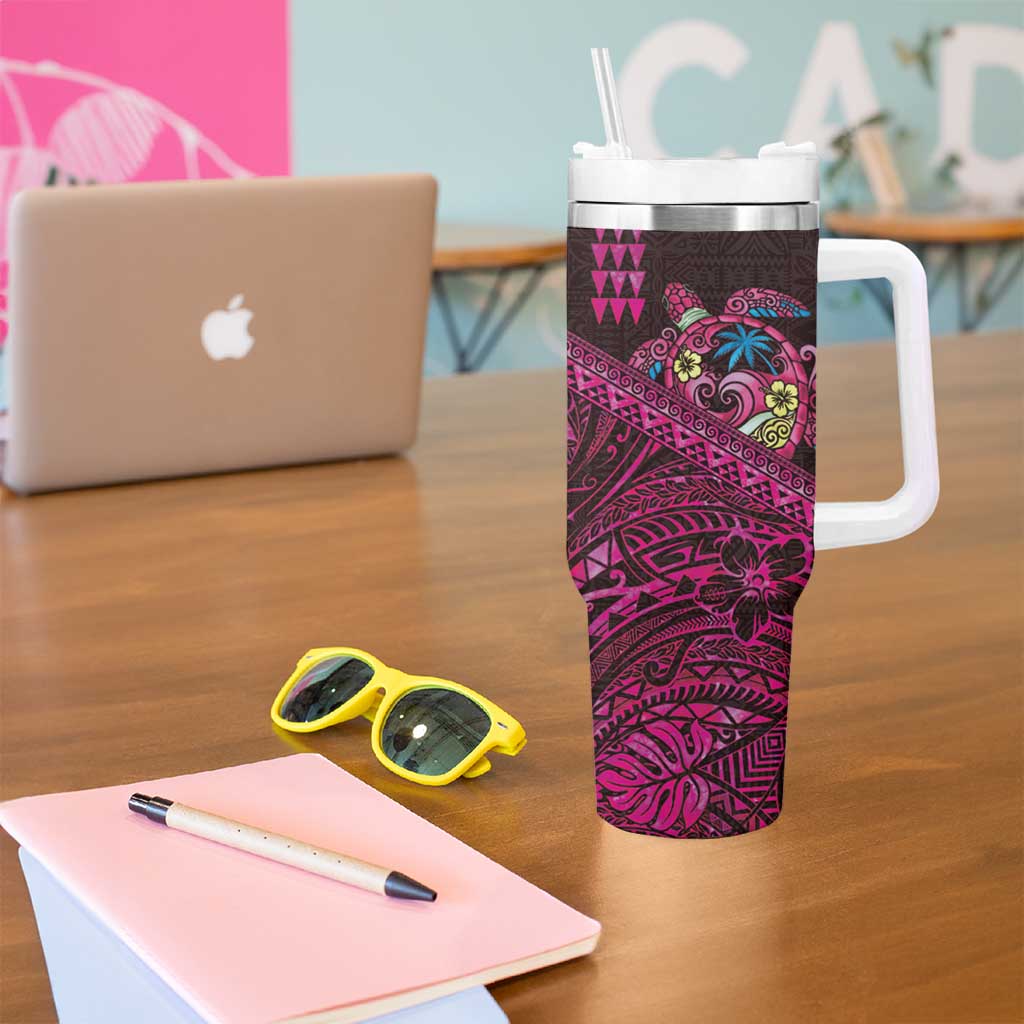 Hawaiian Abstract Sea Turtle Tumbler With Handle Polynesian Tapa Art and Kakau Tattoo Pink WaterColor LT03 - Polynesian Pride