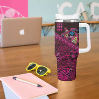 Hawaiian Abstract Sea Turtle Tumbler With Handle Polynesian Tapa Art and Kakau Tattoo Pink WaterColor LT03 - Polynesian Pride